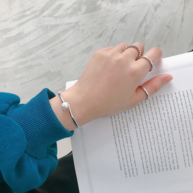 Open Bangle Bracelet with Shell Pearls and Silver