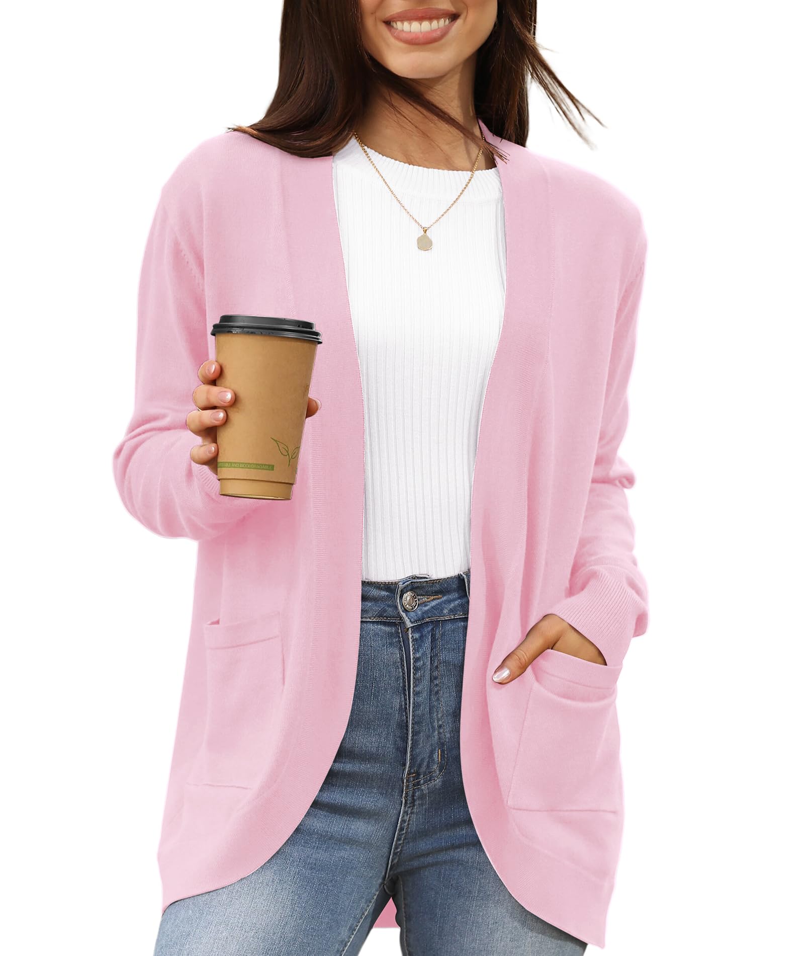 LILBETTER Cardigans for Women Loose Casual Long Sleeved Open Front Breathable Cardigans with Pockets(Light Pink XX-Large)