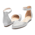 Cusolemore Sliver Flat Shoes for Women with Ankle Strap Sparkly Closed Toe Dress Flats Shoe with Low Wedge Heel Pointed Toe Flat for Party Prom Size 6