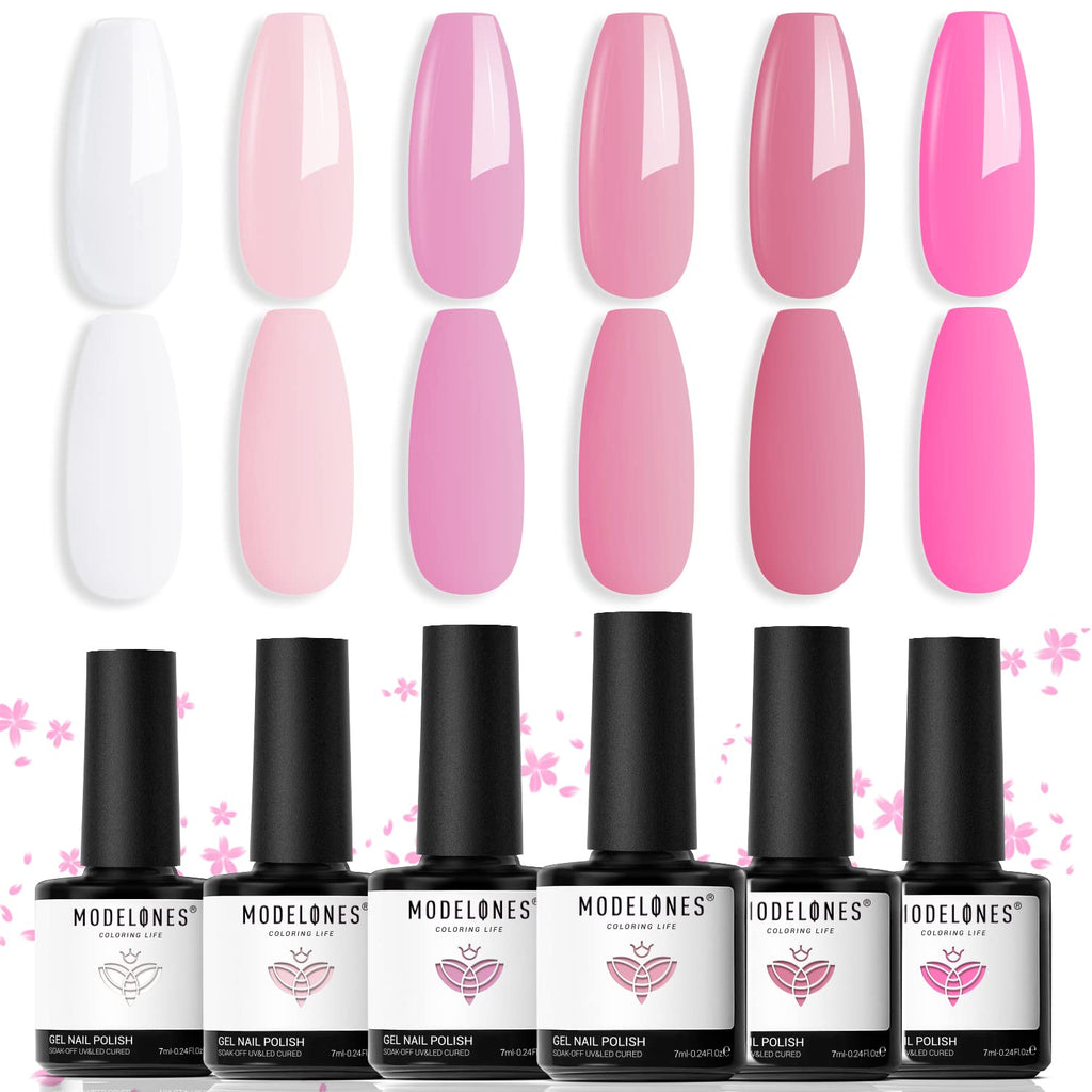 modelones Pink Gel Nail Polish Set 6 Colors Light Soft Pink White Nude Pink Soak Off Nail Art Gel Design Manicure Kit Salon DIY Home Gift for Women Girlfriend Girl