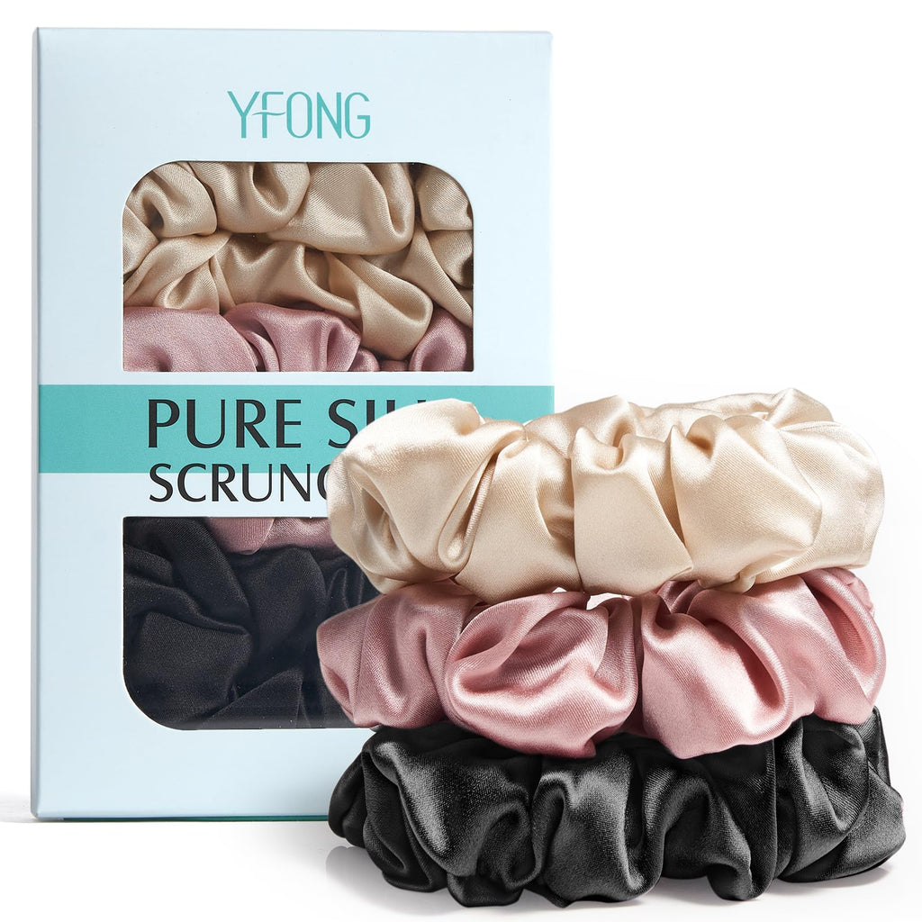 YFONG 3 PCS 100% Mulberry Silk Scrunchies for Women Girls 22 Momme Soft Hair Ties for Frizz & Breakage Prevention Elastic Ponytail Holders Gentle And No hurt (Pink+Black+Champagne)