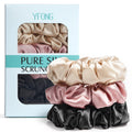 YFONG 3 PCS 100% Mulberry Silk Scrunchies for Women Girls 22 Momme Soft Hair Ties for Frizz & Breakage Prevention Elastic Ponytail Holders Gentle And No hurt (Pink+Black+Champagne)