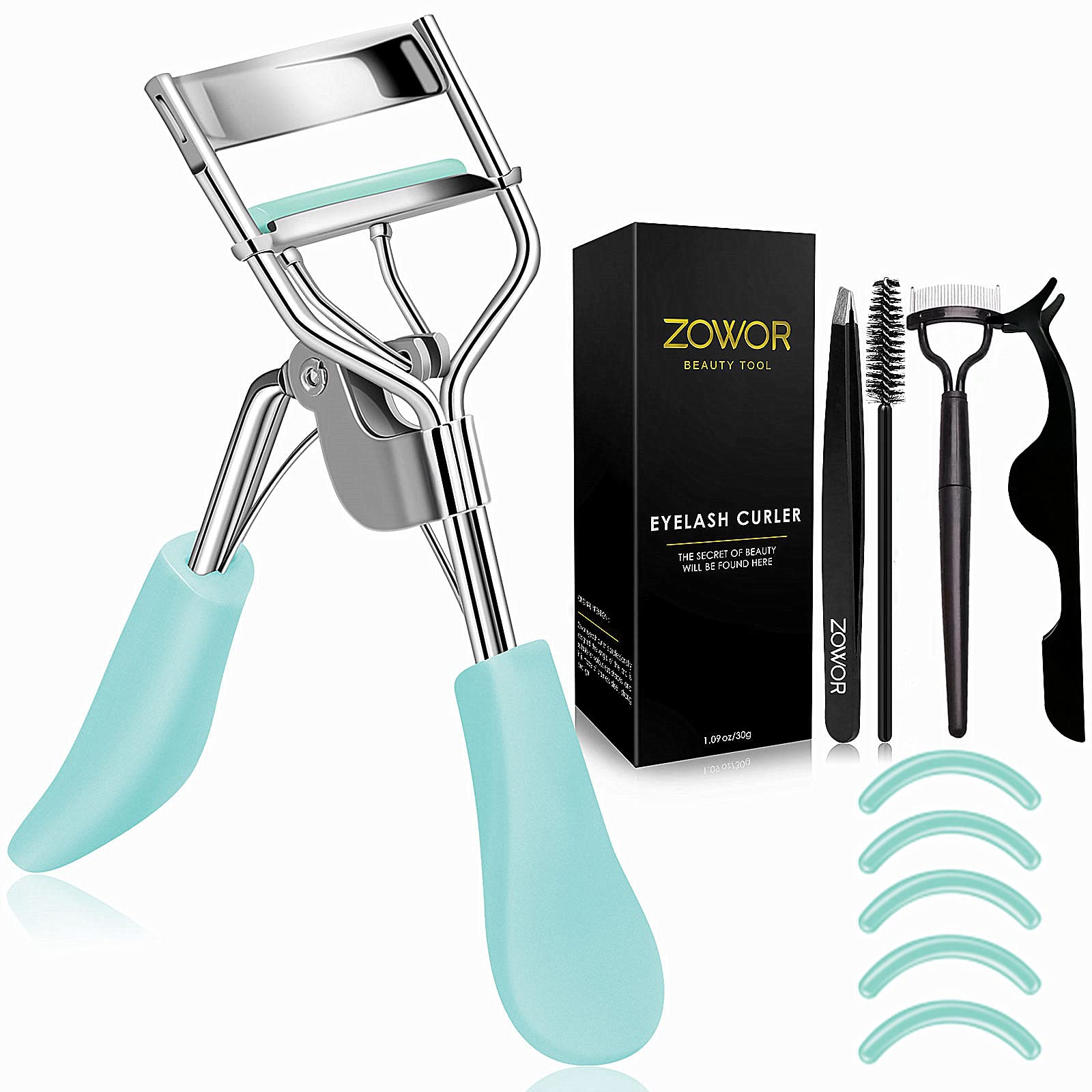 Zowor Eyelash Curler with Comb and Brush Fit All Eye Shape Curved Eyelash Curlers with 5PCS Silicone Refill PadNatural and Long Lasting Lash Curler for Women Make Up Gift(Blue)