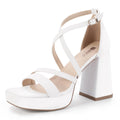 IDIFU White Platform Heels Chunky High Strappy Block Heels Dress Shoes for Women Square Open Toe Wedding Bridal Bride Dressy Cute Comfortable Heeled Sandals Ankle Strap Thick Heels(White Pu 11)