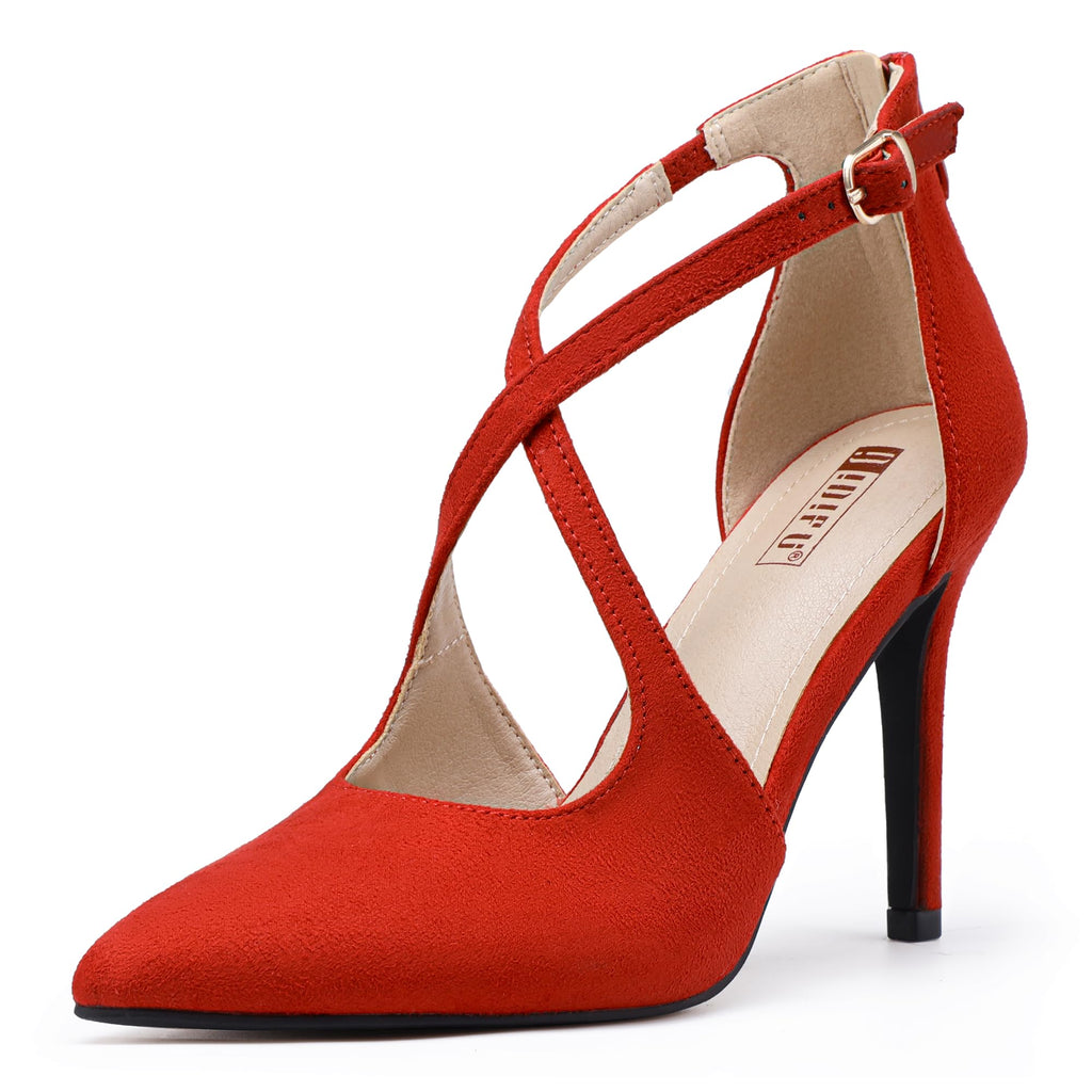 IDIFU Red Heels Womens Pumps Closed Toe Heels Stiletto High Heels Strappy Heels Wedding Bridal Office Homecoming Dress Shoes for Women Comfortable Dressy Pointed Toe Zip Pumps Heels(Red Suede5.5)