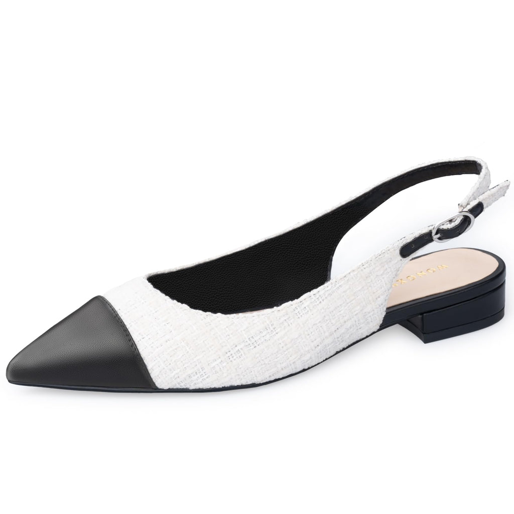 WONDERWAY Women Slingback Flats Tweed Pointed Toe Slingback Flats Cap Toe Dress Shoes for Women(BLACK WHITE11)