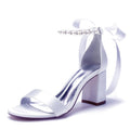 Pearl Block Wedding Shoes for Women High Heels Chunky Open Toe Bridal Shoes Satin Block Heels Prom Party Dress Pumps Sandals White US9