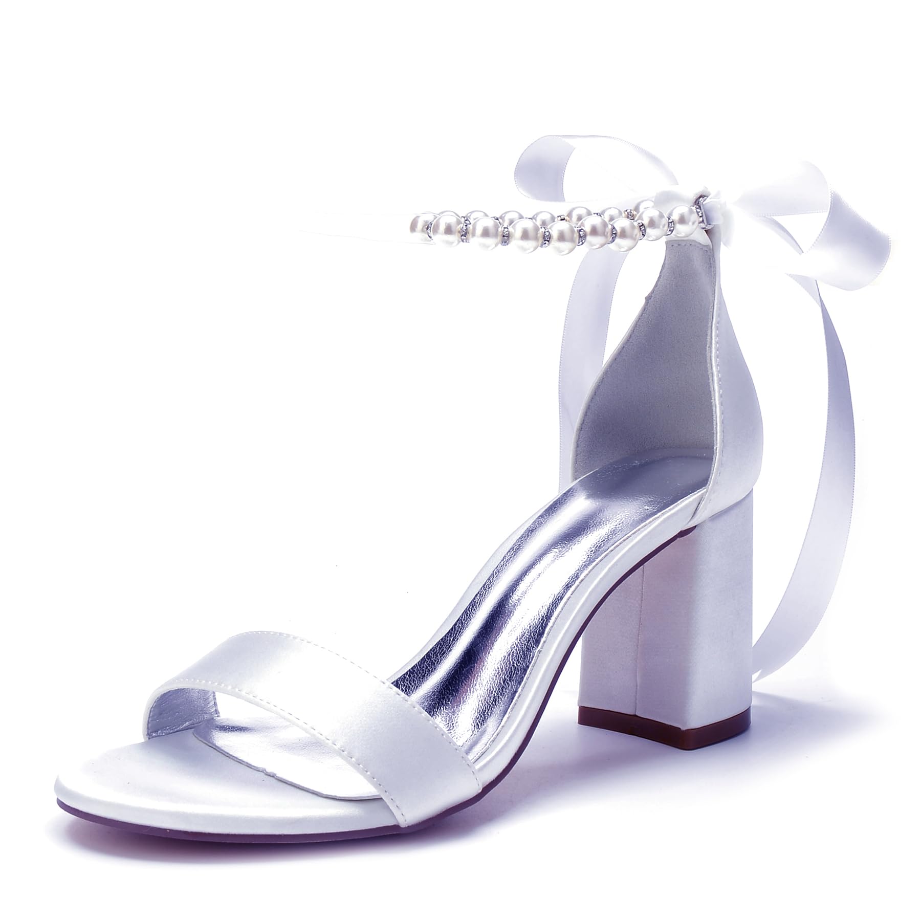 Pearl Block Wedding Shoes for Women High Heels Chunky Open Toe Bridal Shoes Satin Block Heels Prom Party Dress Pumps Sandals White US9
