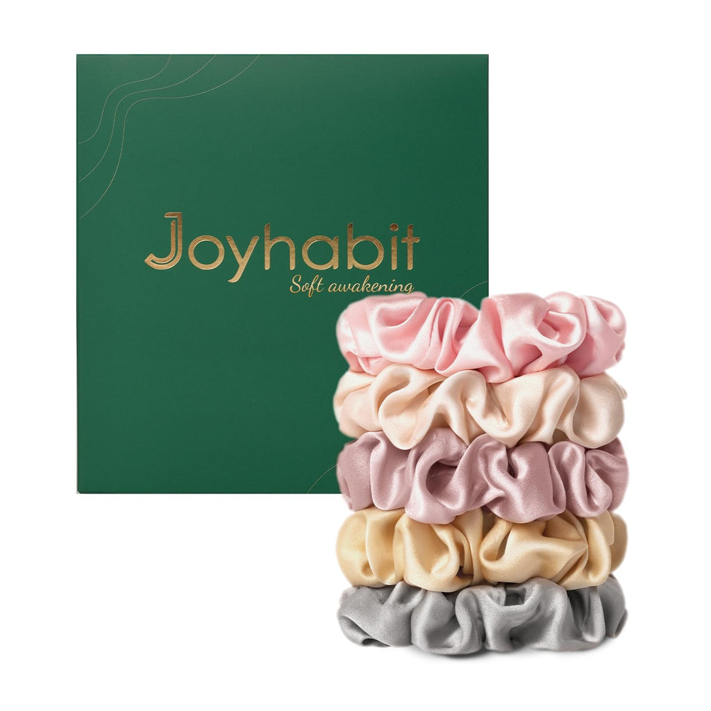 Joyhabit Silk Scrunchies for Women and Girls Pink Gold and Gray 5 Pieces 4CM Hair-Friendly Cute & Durable Hair Ties for Women Great for Bedtime and Everyday Style