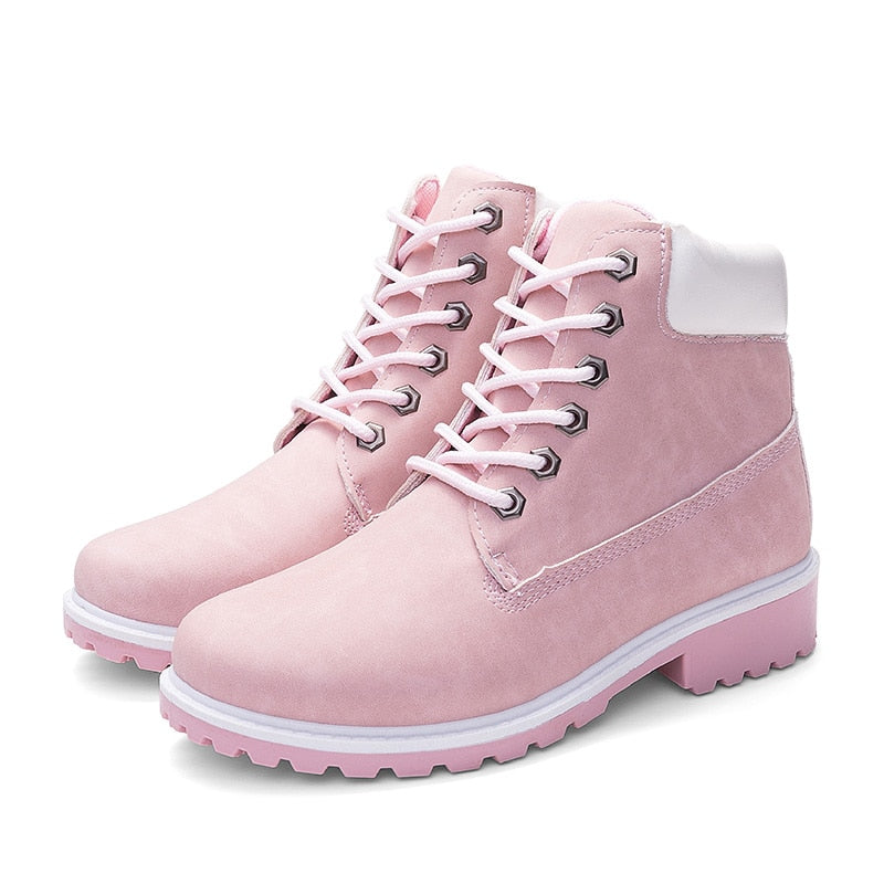 Women's Pink PU Leather Martin Boots, Flat Ankle Shoes