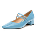 MISEZOXI Womens Mary Jane Pumps Square Toe Low Block Heel Pump Shoes for Women Daily Comfort Mary Jane Pumps with Two Straps 1.3" Light Blue Patent Size 8.5