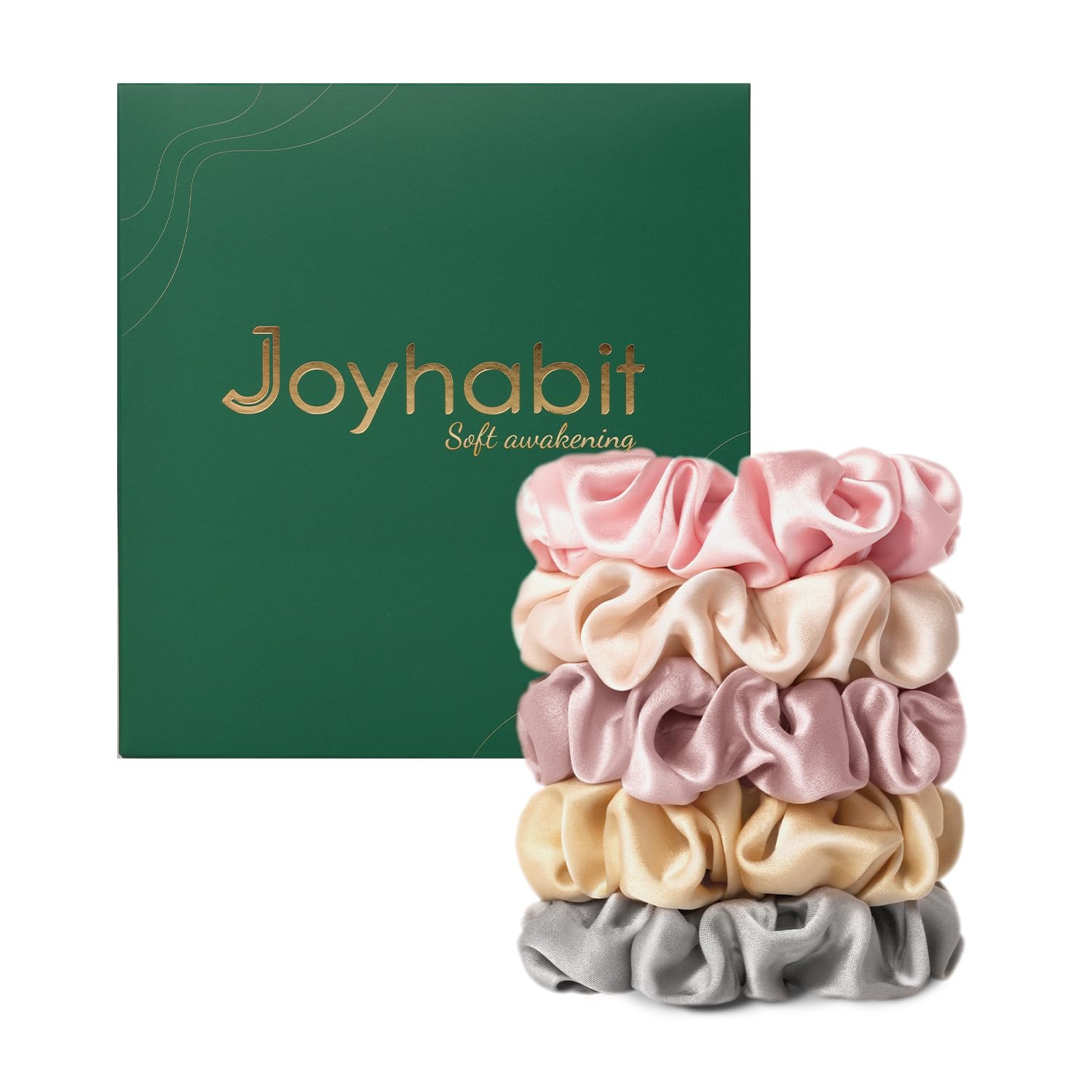 Joyhabit Silk Scrunchies for Women and Girls Pink Gold and Gray 5 Pieces 4CM Hair-Friendly Cute & Durable Hair Ties for Women Great for Bedtime and Everyday Style
