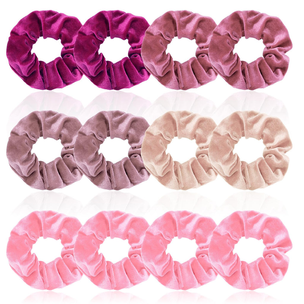Aprince 12 Pieces Pink Velvet Scrunchies for Girls Women Hair Ties Ponytail Holder Solid Colors Hair Accessories for Party Valentines Day