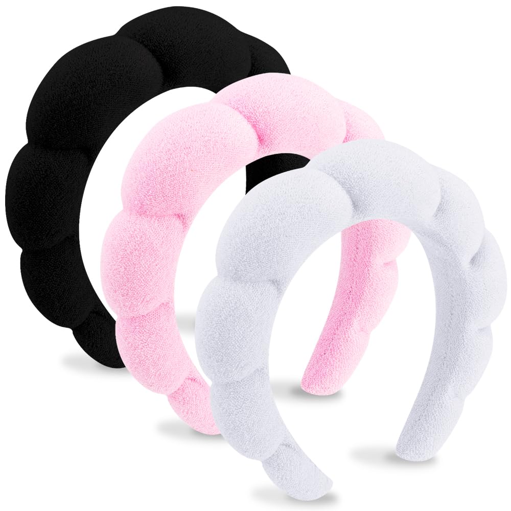 AOPRIE SPA Headbands for Washing Face Makeup Headbands with Bow Hair Band Women Facial Head Band Wrist Towel Wraps For Shower Face Mask Black Pink White 3 Pack