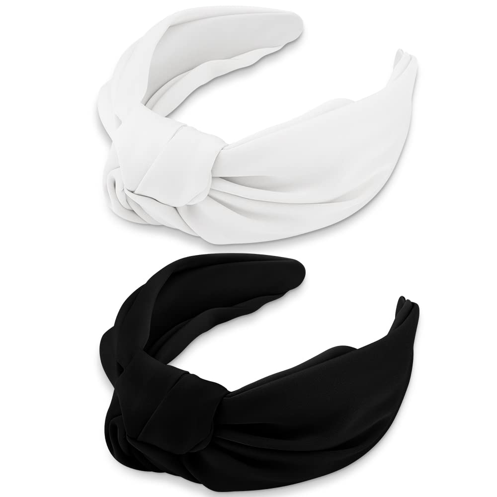Atoden Headbands for Women 2 Pcs Top Knot Headbands Wide Headbands Non Slip Satin Silk Hair Bands Black Headband White Headband Fashion Hair Accessories Gifts