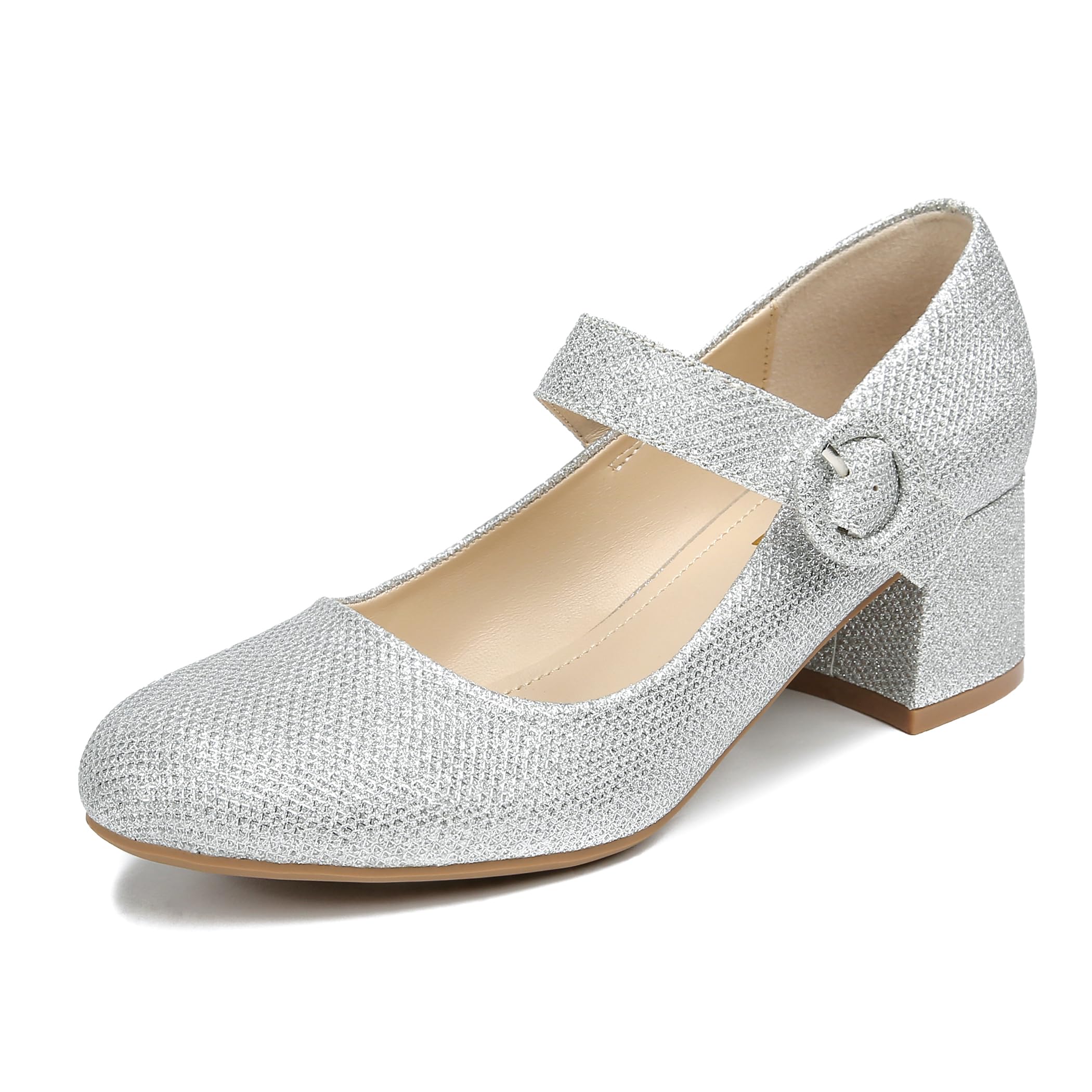 rsxses Silver Mary Janes Women Heels Wedding Pumps with Ankle Strap Chunky Dress Shoes Office Work Closed Round Toe Shoes for Women Size 6.5 Glitter