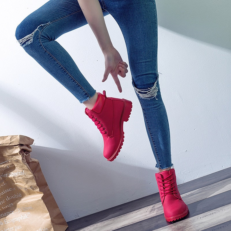 Women's Pink PU Leather Martin Boots, Flat Ankle Shoes