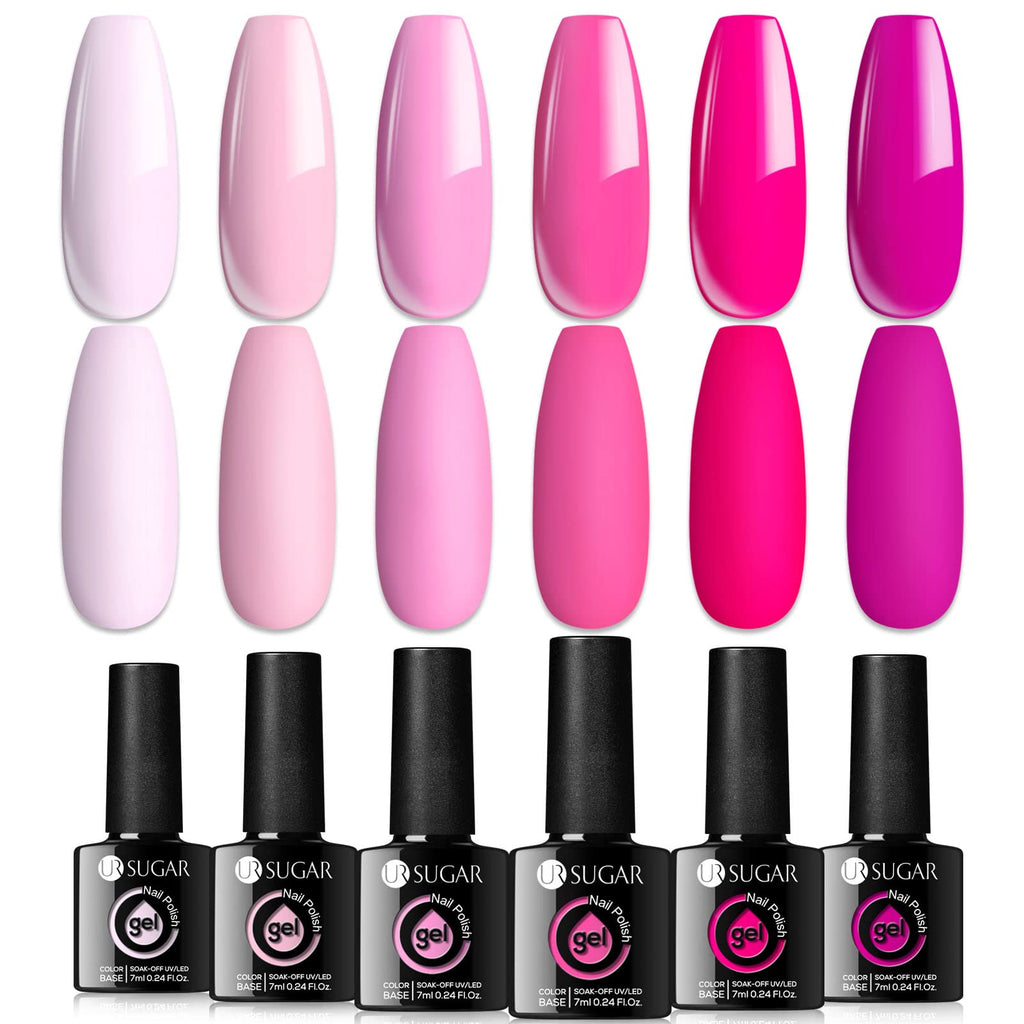 UR SUGAR Pink Gel Nail Polish Set 6 Colors Hot Pink Neon Pink Gel Polish Set Light Bright Pink Soak Off LED Nail Art Design Manicure Kit DIY at Home Salon Gift Sets for Women Girls