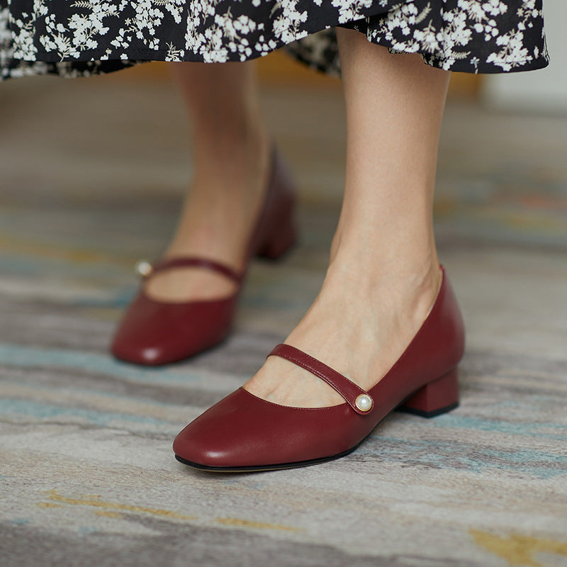 Vintage Chunky Heel Mary Jane Leather Shoes for Women