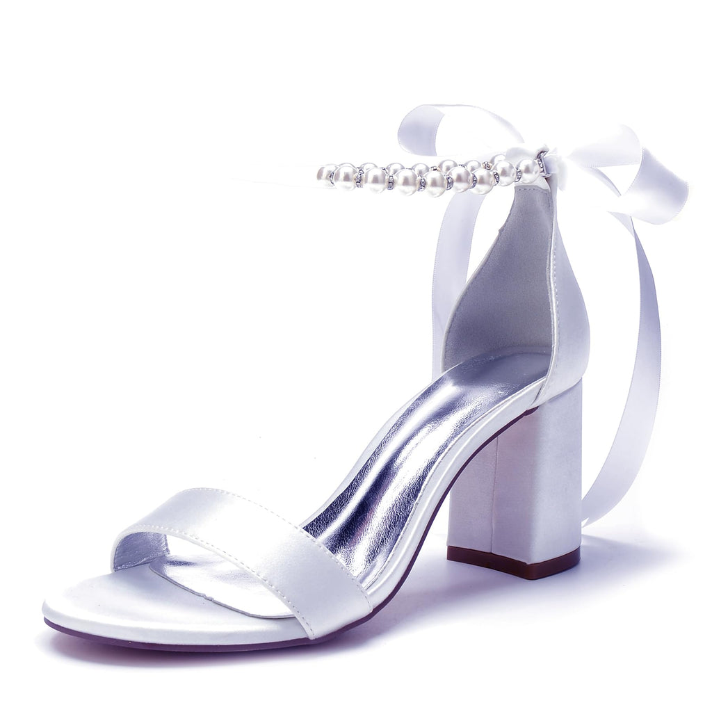 Pearl Block Wedding Shoes for Women High Heels Chunky Open Toe Bridal Shoes Satin Block Heels Prom Party Dress Pumps Sandals White US9