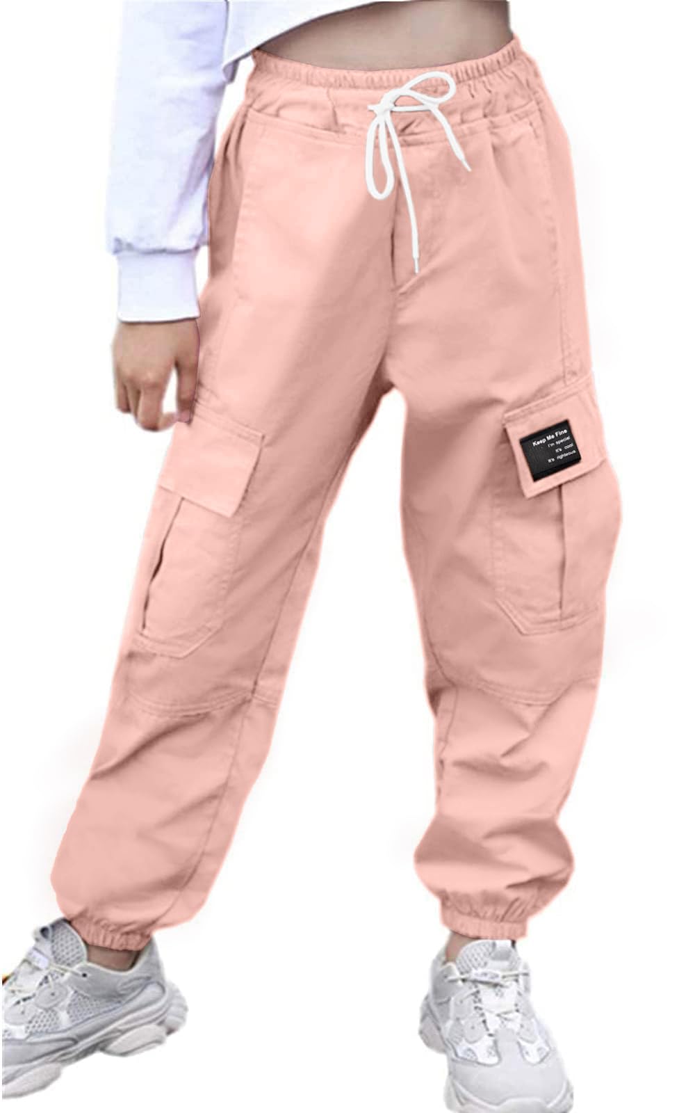 AOWKULAE Women Cargo Pants Drawstring Elastic Waist Loose Tapered Cargo Jogger Pants with Multi Pockets for Women Light Pink X-Large