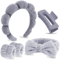 VELSCRUN Grey Puffy Sponge Spa Headband Bow Tie Hair Band Hair Clips Wristband Set 5 Pcs Spa Headbands for Wash Face Makeup Headband Facial Skincare Headbands Women Girls Hair Accessories