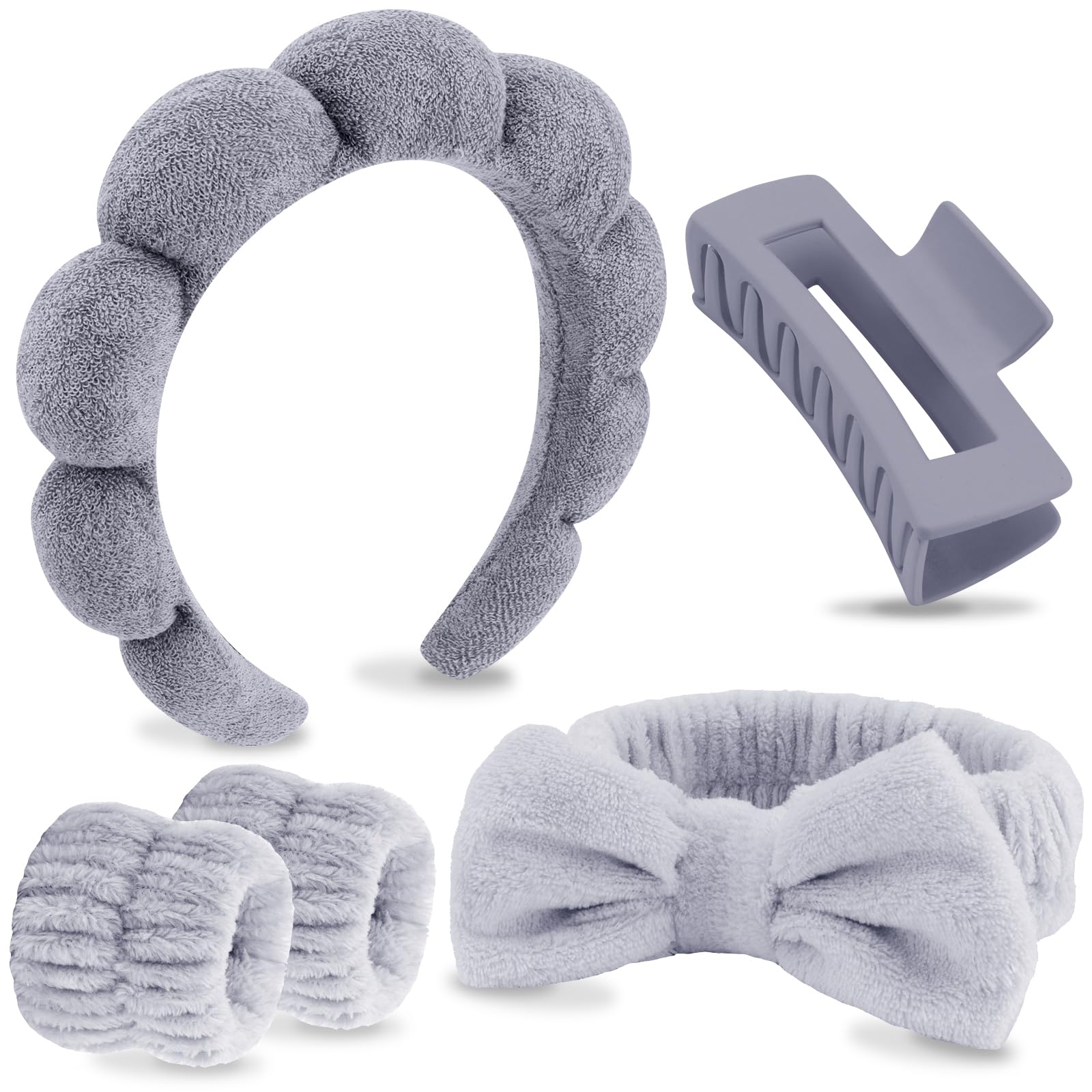VELSCRUN Grey Puffy Sponge Spa Headband Bow Tie Hair Band Hair Clips Wristband Set 5 Pcs Spa Headbands for Wash Face Makeup Headband Facial Skincare Headbands Women Girls Hair Accessories