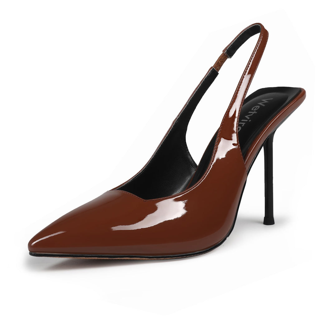 Wetviro Womens Pointed Toe Slingback Heels Brown Patent Leather High Stiletto Heels Pumps Dress Shoes for Women