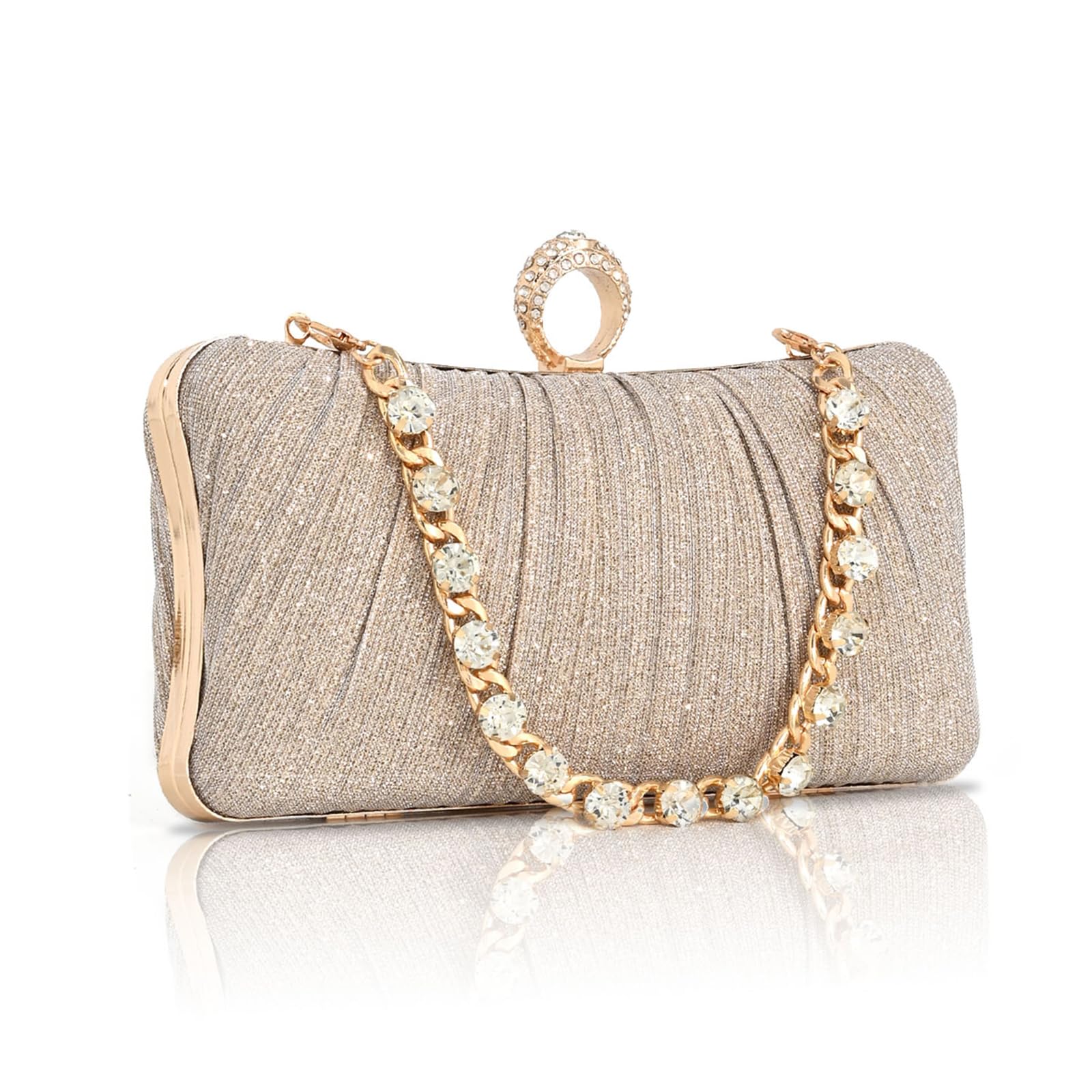 Women Evening Bag Gold Glitter Pleated Clutch Purses for Women Gold Clutch with Rhinestone Ring for Wedding Party Prom