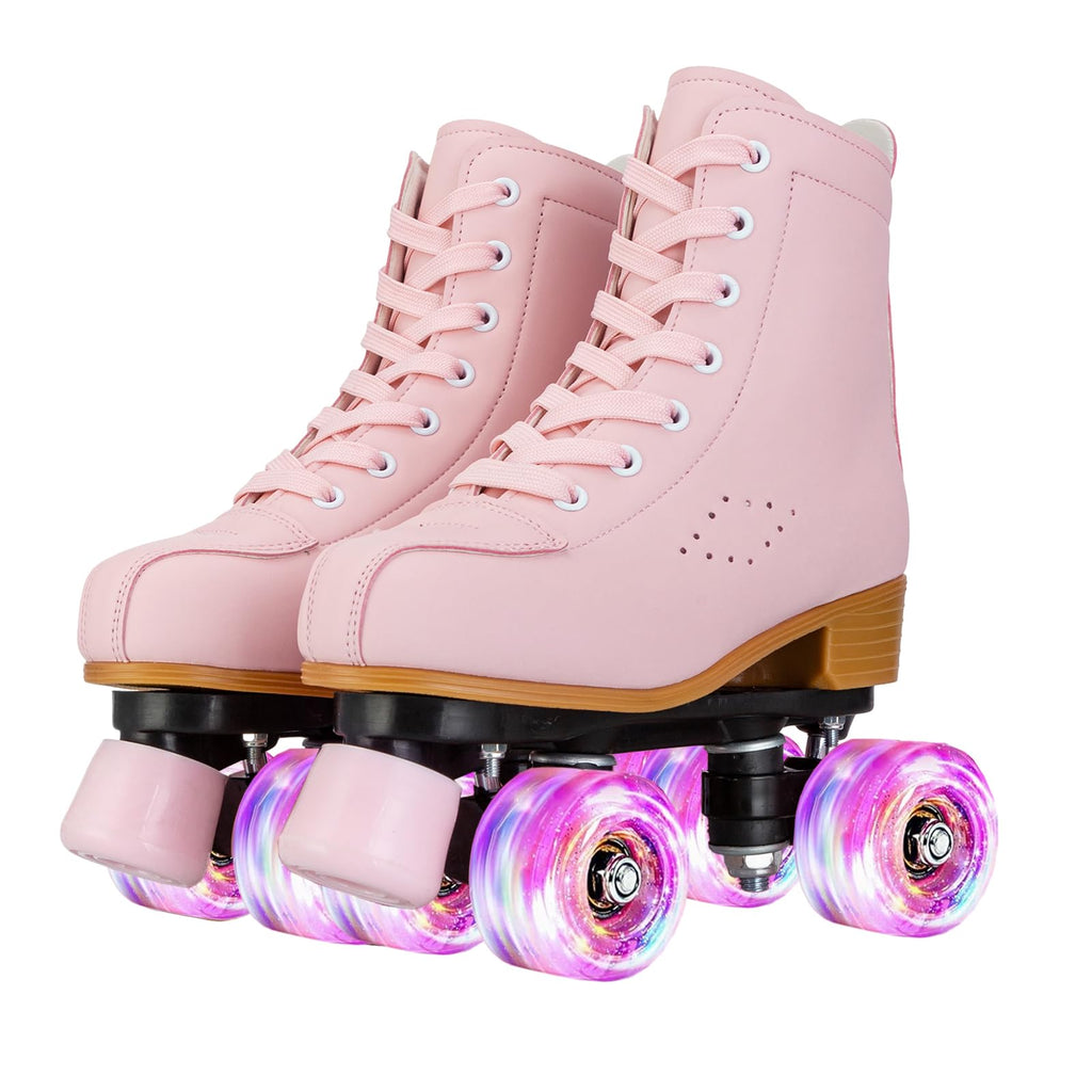 YYW High-top PU Leather Roller Skates for Women，Outdoor Roller Derby Skates for Unisex Beginners with Light up Wheels(Pink-34-Women 5/Men 4)