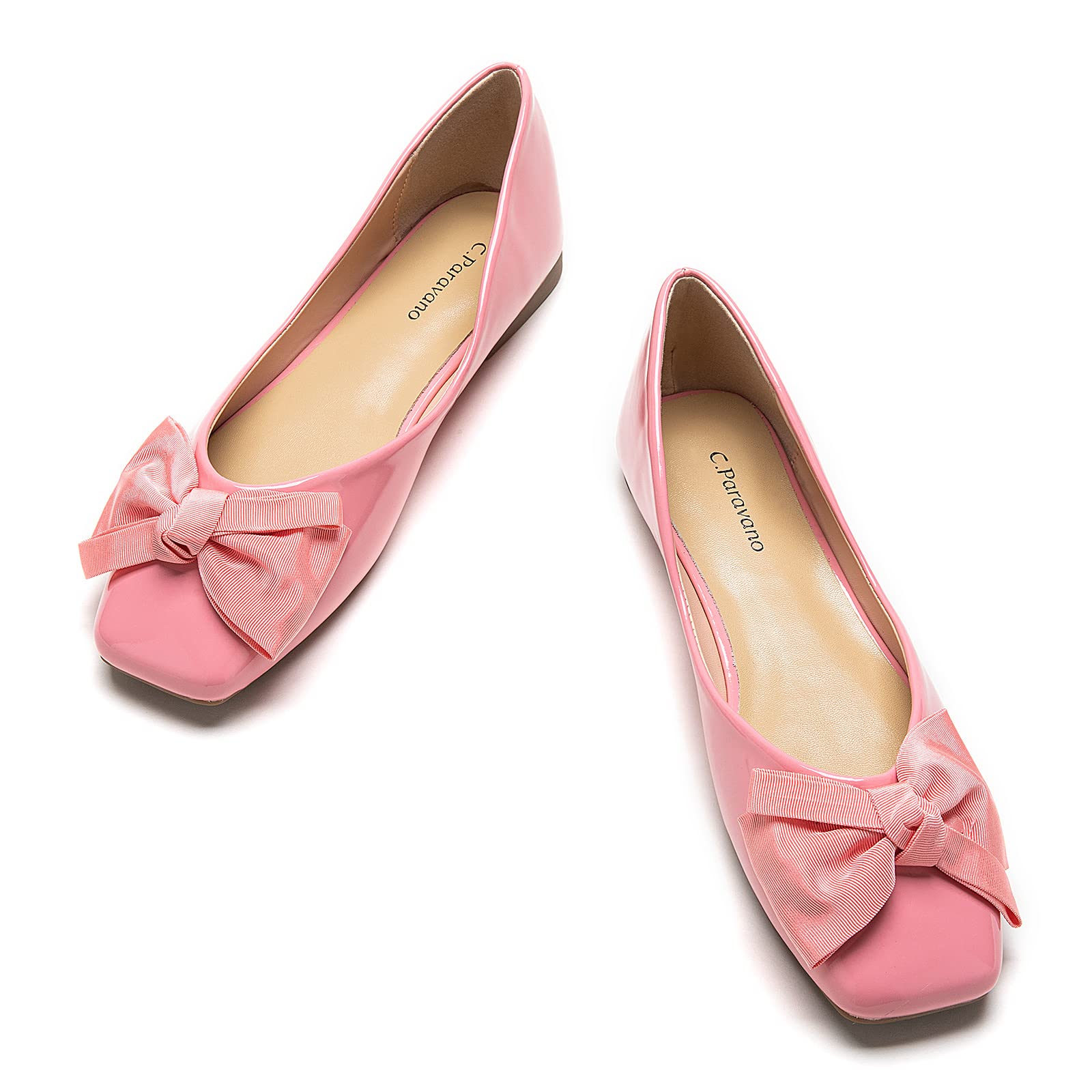 C.Paravano Womens Flats | Square Toe Shoes for Women | Pink Flats Shoes | Womens Soft Leather Shoes | Flats for Women Dressy | Slip On Ballet Flats (Size 7Pink Patent)