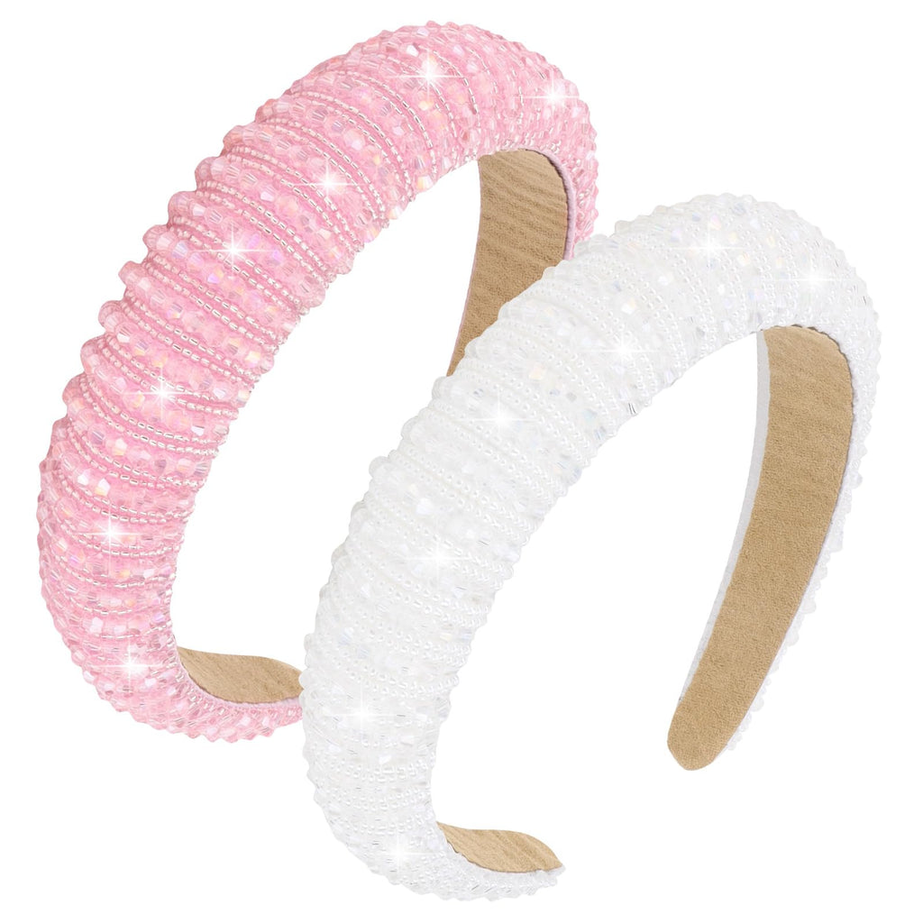 Wecoe White & Pink Rhinestone Headbands 2pcs Fashion Cute Bling Sparkly Diamond Padded Thick Puffy Hair Bands for Women & Girls Holiday Hair Accessories
