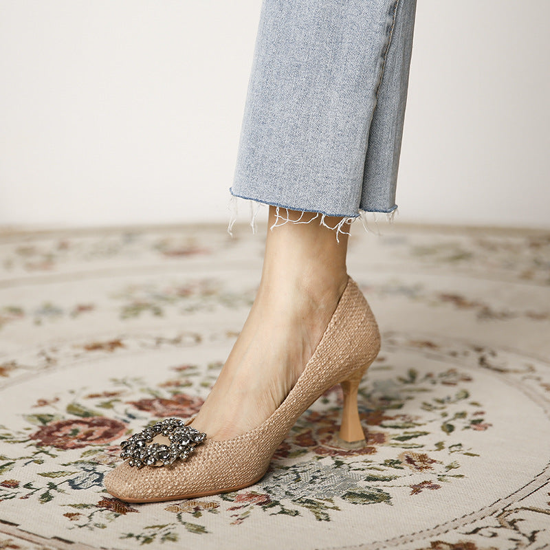 Korean Style Metal Buckle High Heel Shoes for Women