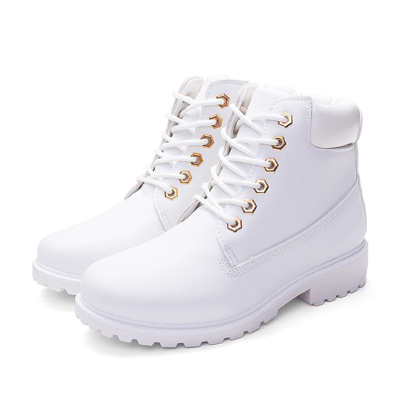 Women's Pink PU Leather Martin Boots, Flat Ankle Shoes
