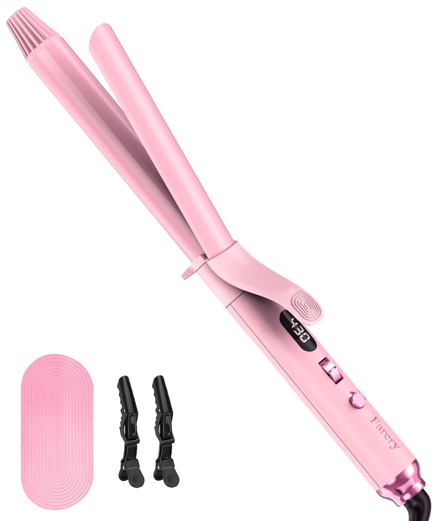 FARERY Long Barrel Curling Iron 1 Inch Extra Long Curling Iron for Thin Hair Ceramic Curling Iron Infused Argan Oil & Keratin 11 Adjustable Temp Include Clips & Silicone Pad Pink