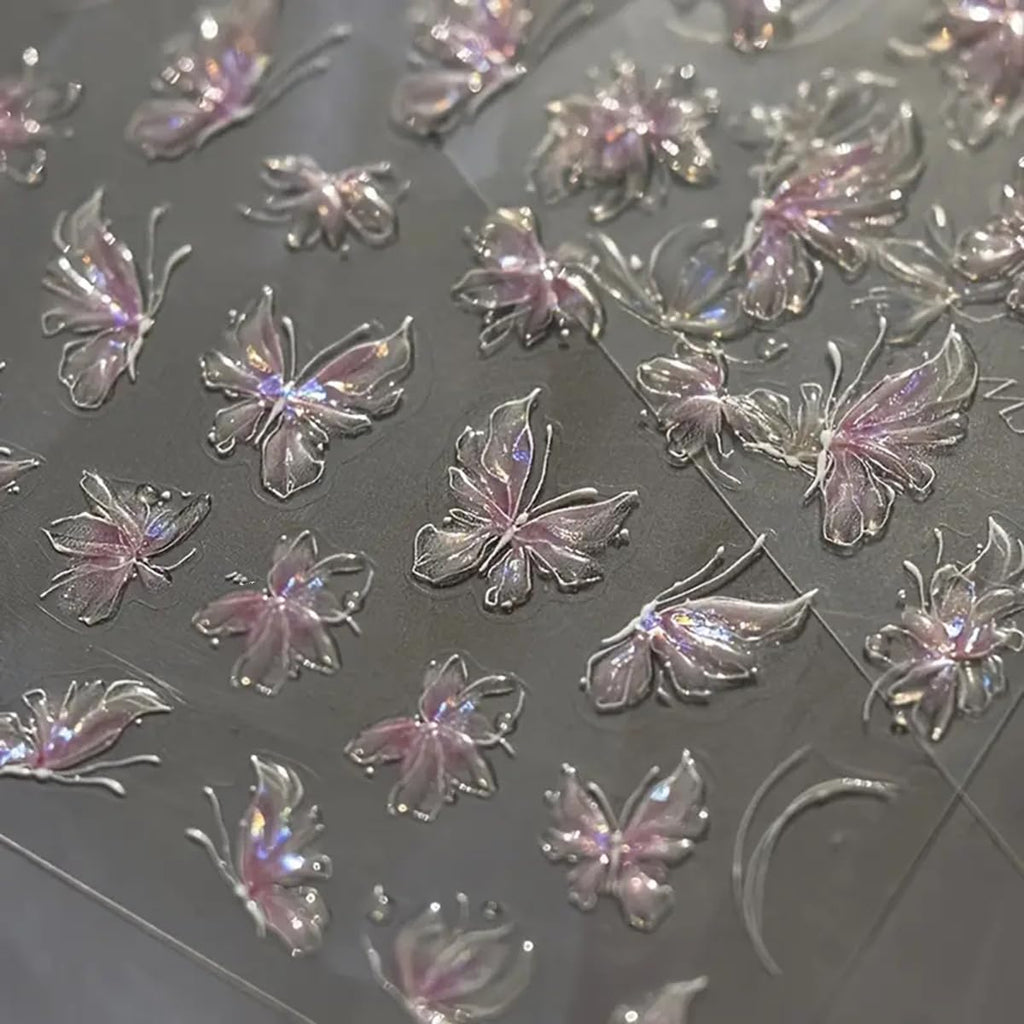 Butterfly Nail Art Stickers Decals 5D Embossed Butterfly Nail Decals 2PCS Aurora Pink Champagne Butterfly Nail Designs Sparkling Butterfly Stickers for Women DIY Manicure Nail Art Decorations Supplies